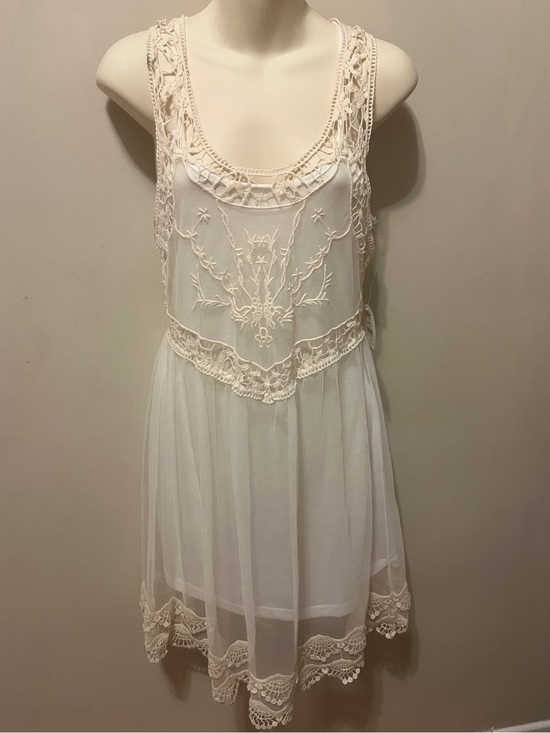 Ardene Dresses & Skirts - Ardene Ivory Mesh Crochet Racerback Tank Semi-Sheer Mini Dress